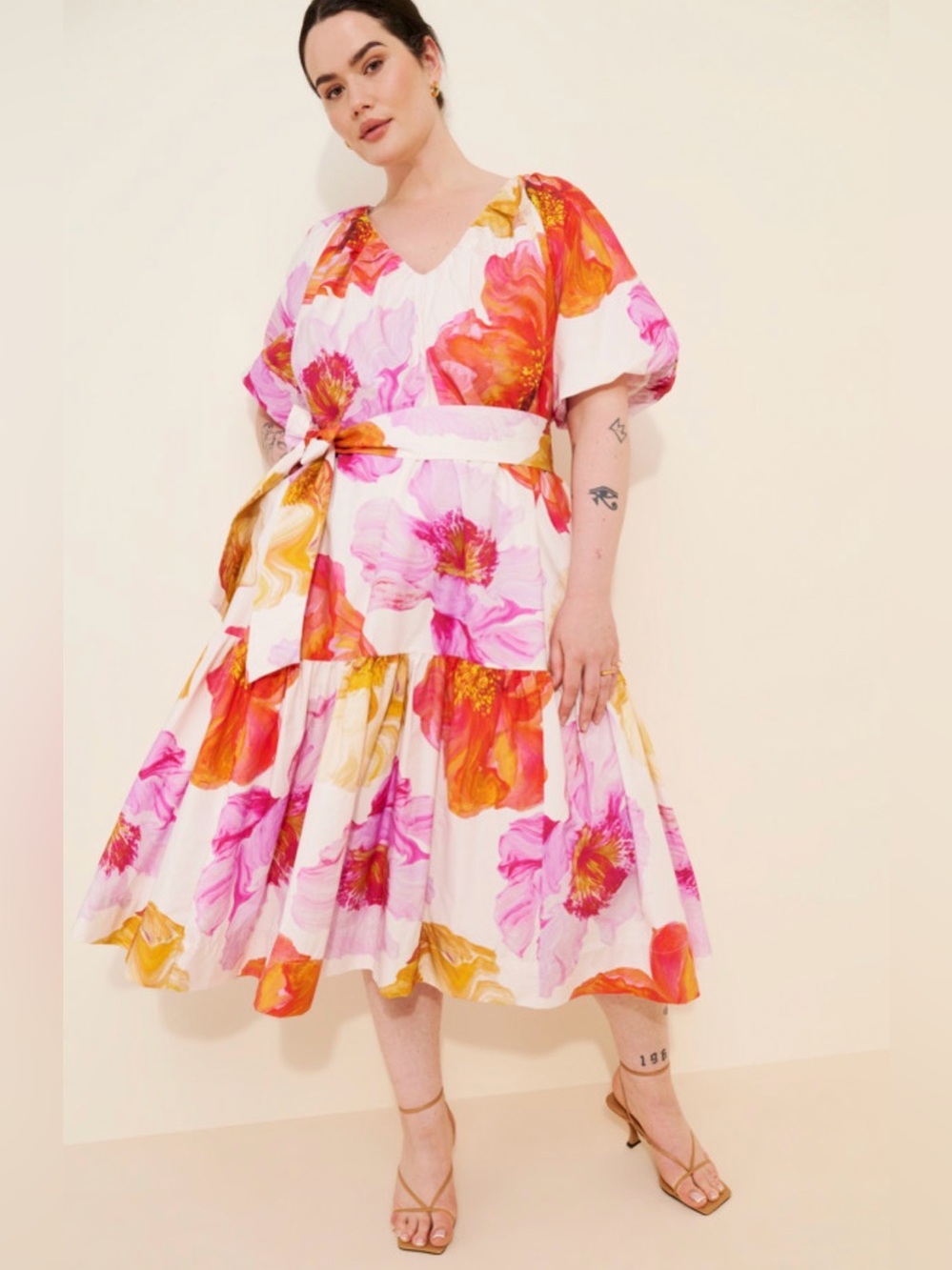 Anthropologie - Floral V-Neck Tent Midi Dress - Pink & Orange